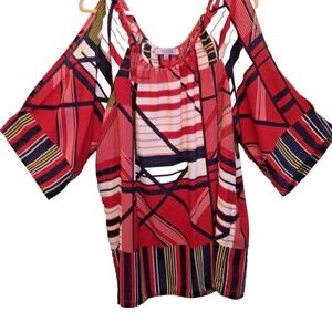 Premise Sz 1X Cold Shoulder Striped Nautical Blouse 3/4 Sleeves Tunic Red White